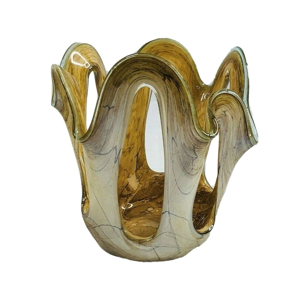 Vtg Makora Krosno Hand Blown Open Scalloped Edges Iridescent Glass Vase Poland - Picture 5 of 8